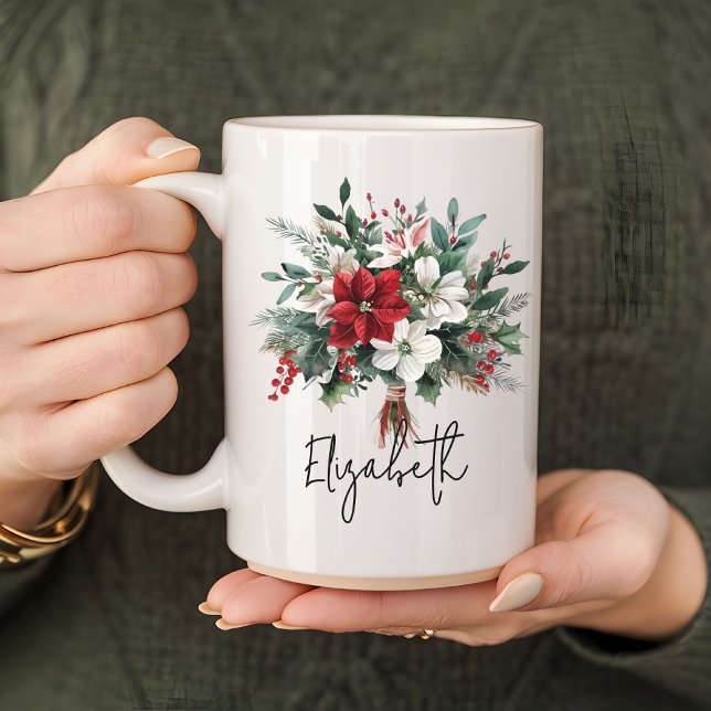 Christmas Bouquet Floral Mug for Women or Coworker (Christmas bouquet mug, Christmas floral mug, watercolor holiday mug, Christmas flower coffee cup,)