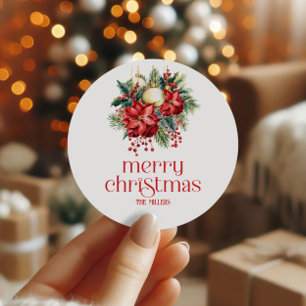 Christmas Bouquet Merry Christmas Retro Typography Classic Round Sticker