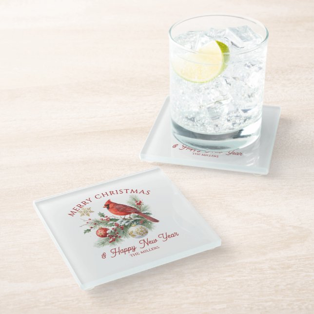 Christmas Bouquet Red Robin Custom Typography Glass Coaster (Angled)