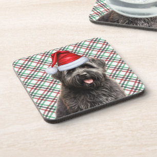 Christmas Bouvier Dog Red Green Plaid Holiday Beverage Coaster