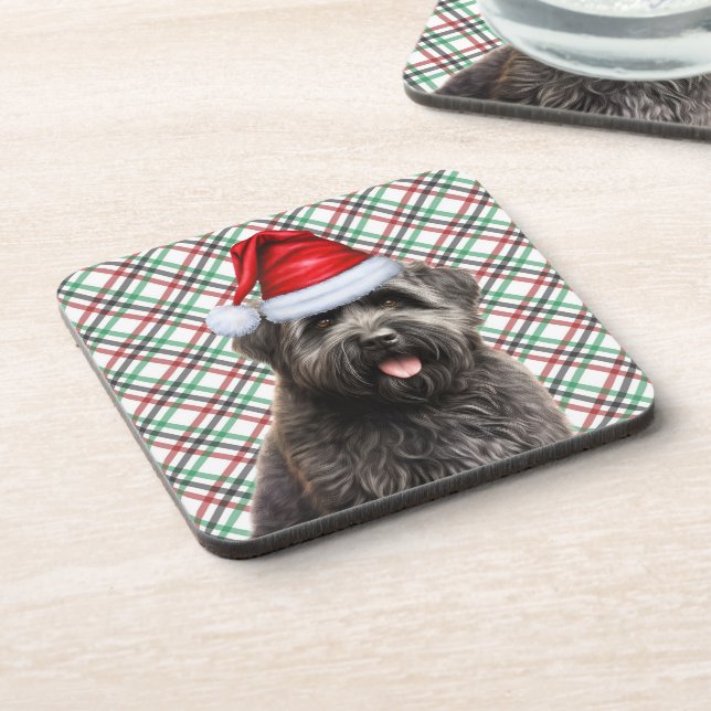 Christmas Bouvier Dog Red Green Plaid Holiday Beverage Coaster (Left Side)