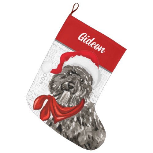 Christmas Bouvier Dog with Name Woof Background Large Christmas Stocking