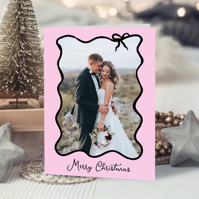 Christmas Bow | Black and Blush Pink Photo Frame Holiday Card (Creator Uploaded)