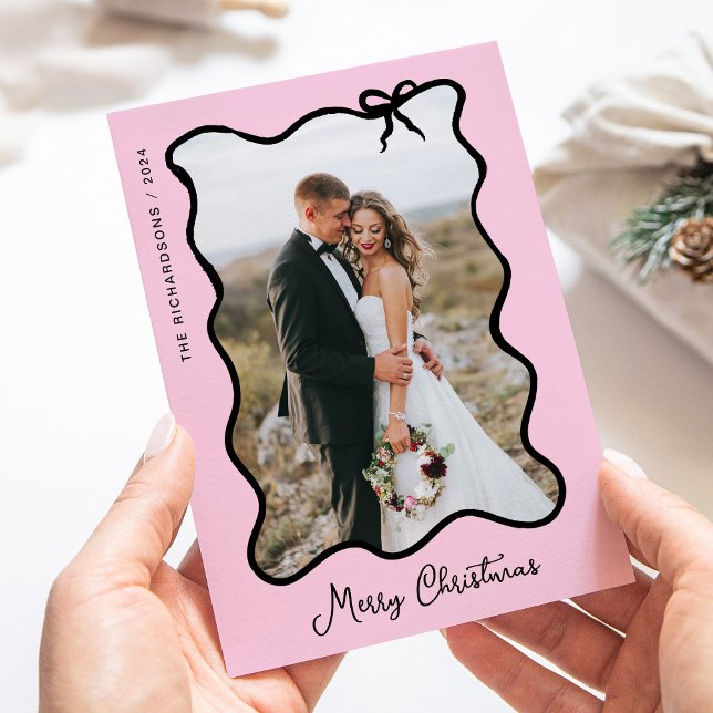 Christmas Bow | Black and Blush Pink Photo Frame Holiday Card (Creator Uploaded)