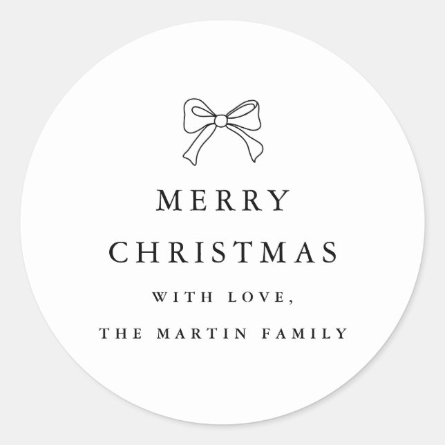 Christmas Bow Black and White Personalized Holiday Classic Round Sticker (Front)