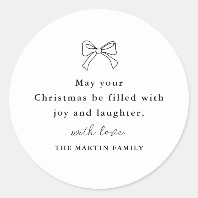 Christmas Bow Black and White Personalized Holiday Classic Round Sticker (Front)