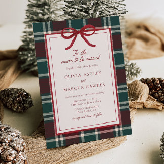 Christmas Bow Burgundy Dark Green Plaid Wedding Invitation