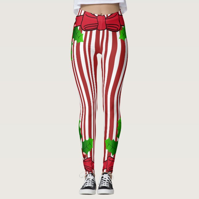 Christmas Bow & Holly Candy Cane Print Leggings (Front)