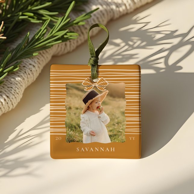 Christmas Bow Modern Stripes Wavy Photo Keepsake Ceramic Ornament (Christmas Bow Modern Stripes Wavy Photo Keepsake Ceramic Ornament)