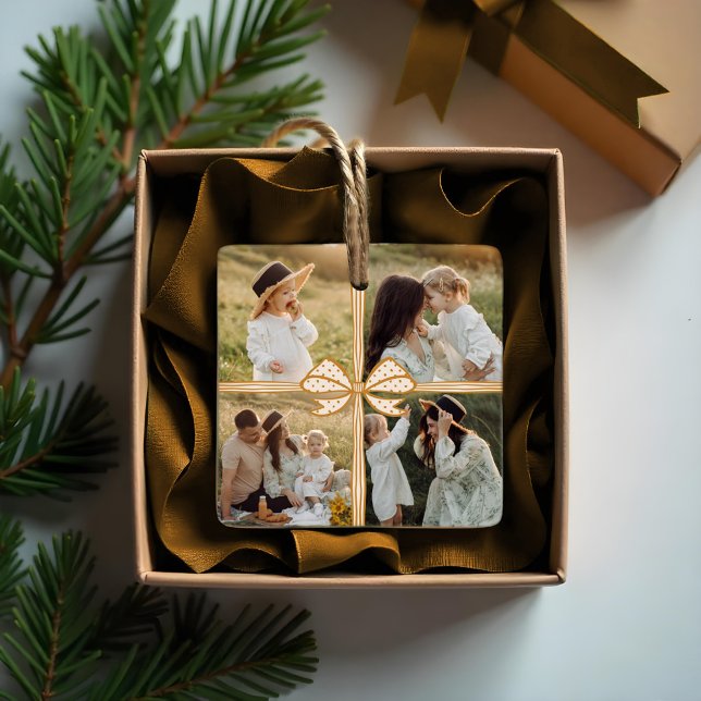 Christmas Bow Present Four Photo Collage Keepsake Ceramic Ornament (Christmas Bow Present Four Photo Collage Keepsake Ceramic Ornament)