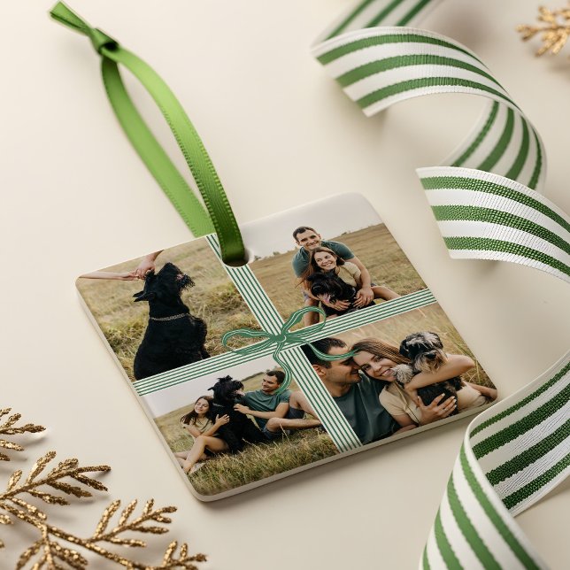 Christmas Bow Present Photo Collage Keepsake  Ceramic Ornament (Christmas Bow Present Photo Collage Keepsake Ceramic Ornament)