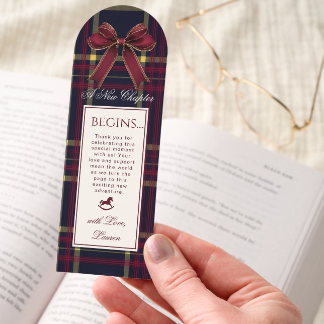 Christmas Bow Rocking Horse Plaid Baby Shower Bookmarks (Hand)