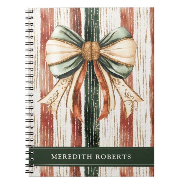Christmas Bow Rustic Stripes Personalized Notebook (Front)