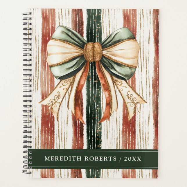 Christmas Bow Rustic Stripes Personalized Planner (Front)