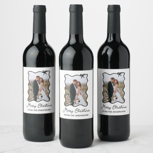 Christmas Bow  Wavy Black and White Photo Wine Label