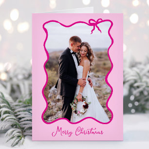Christmas Bow Wavy Pink Photo Frame Holiday Card