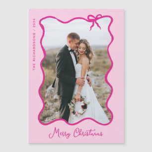 Christmas Bow Wavy Pink Photo Frame Magnetic Card
