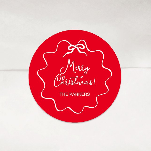 Christmas Bow | Wavy Red and White Classic Round Sticker (Creator Uploaded)