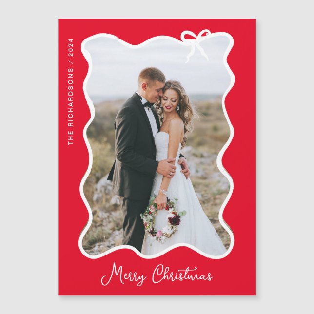 Christmas Bow | Wavy Red Photo Frame Magnetic Card (Front)