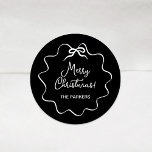 Christmas Bow | Wavy Whimsical Black with White Classic Round Sticker<br><div class="desc">These adorable holiday stickers feature a trendy,  white wavy frame with a whimsical retro ribbon bow,  on an elegant dark black background. Modern script says "Merry Christmas."</div>