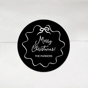 Christmas Bow   Wavy Whimsical Black with White Classic Round Sticker