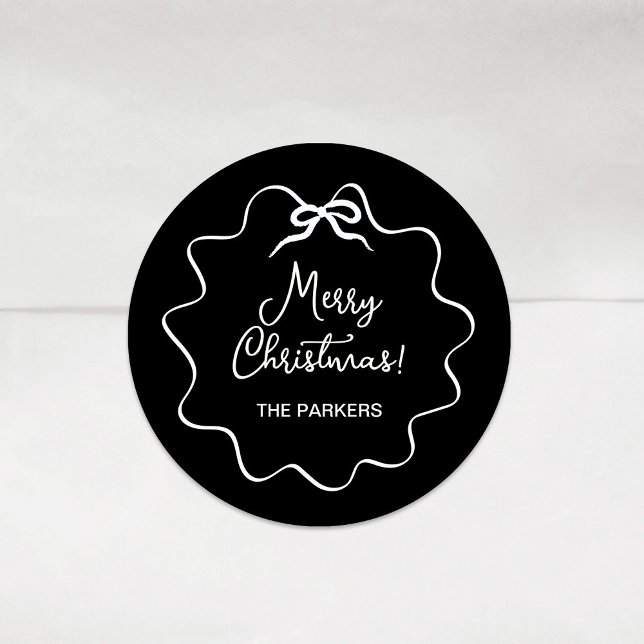 Christmas Bow | Wavy Whimsical Black with White Classic Round Sticker (Creator Uploaded)