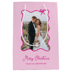 Christmas Bow Whimsical Pink Photo Frame Medium Gift Bag