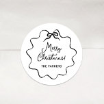 Christmas Bow | Whimsical Wavy Black and White Classic Round Sticker<br><div class="desc">These adorable,  black and white coquette holiday stickers feature a trendy,  black wavy frame with a whimsical retro ribbon bow,  on a simple white background. Modern script says "Merry Christmas."</div>