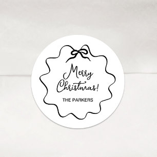 Christmas Bow Whimsical Wavy Black and White Classic Round Sticker