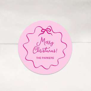 Christmas Bow Whimsical Wavy Pink Classic Round Sticker