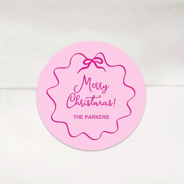 Christmas Bow | Whimsical Wavy Pink Classic Round Sticker (Creator Uploaded)
