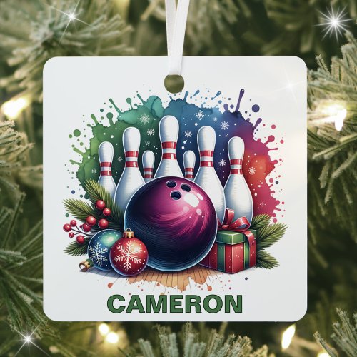 Christmas Bowling Enthusiast Custom Name Metal Ornament