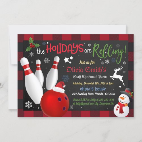 Christmas Bowling Holiday Buffalo Plaid Invitation