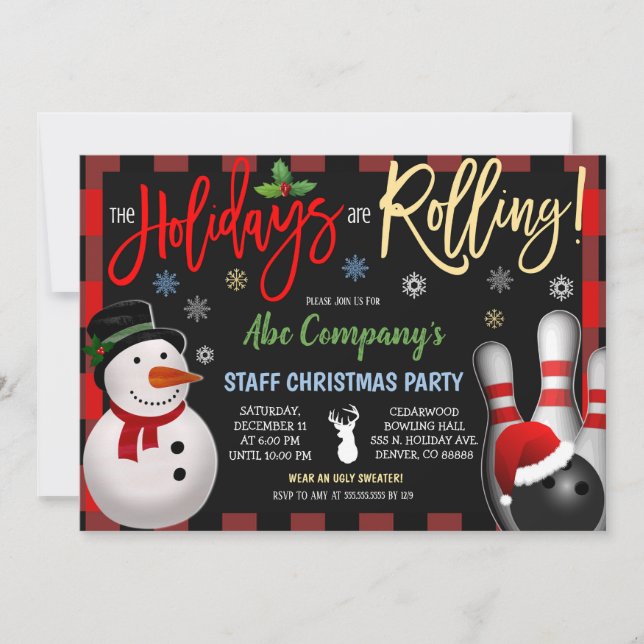 Christmas Bowling Party Invitation, Holiday Party Invitation (Front)