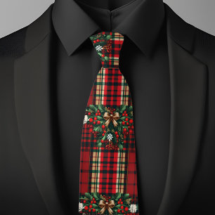 Christmas Bows and Berries on Plaid Neck Tie