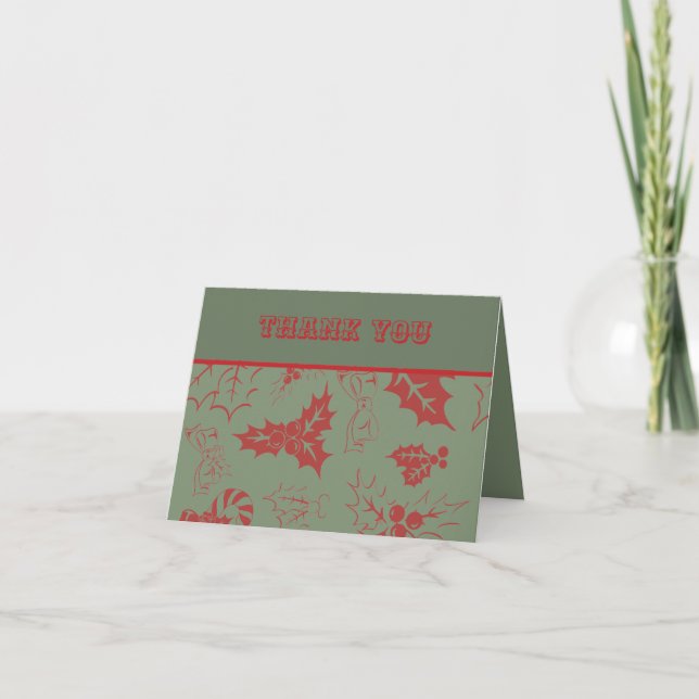 Christmas Bows Candy Canes and Leaves  Thank You Card (Front)