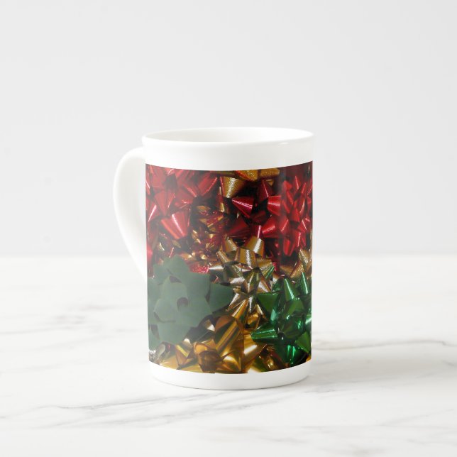Christmas Bows Colorful Festive Holiday Bone China Mug (Front Left)