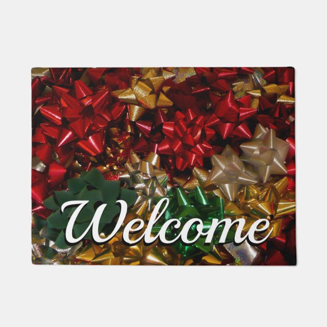 Christmas Bows Colorful Festive Holiday Doormat (Front)