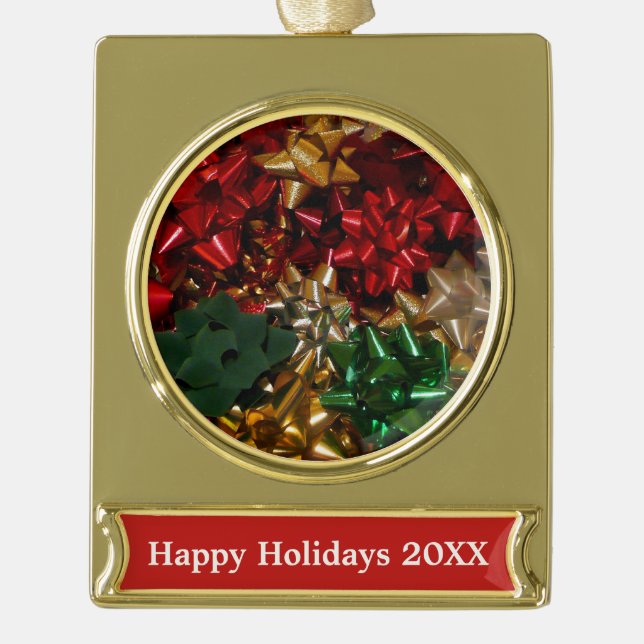 Christmas Bows Colorful Festive Holiday Gold Plated Banner Ornament (Front)