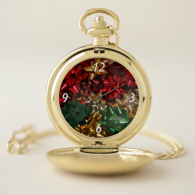 Christmas Bows Colorful Festive Holiday Pocket Watch (Inside)
