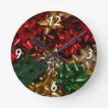 Christmas Bows Colorful Festive Holiday Round Clock