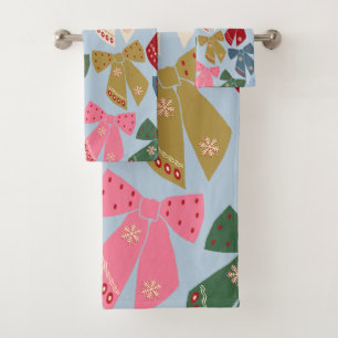 Christmas Bows Coquette Blue Bath Towel Set