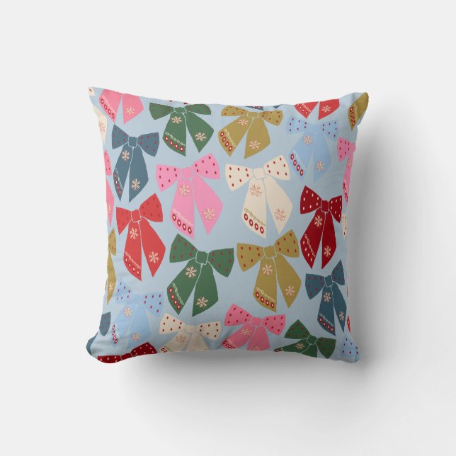 Christmas Bows Coquette Blue Throw Pillow (Front)