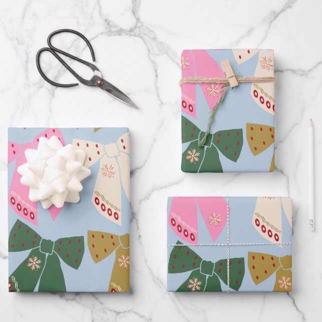 Christmas Bows Coquette Blue Wrapping Paper Sheets (Front)