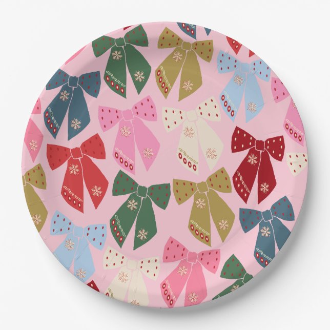 Christmas Bows Coquette Pink Paper Plates (Front)