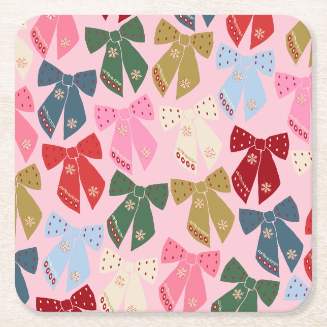Christmas Bows Coquette Pink Square Paper Coaster (Front)