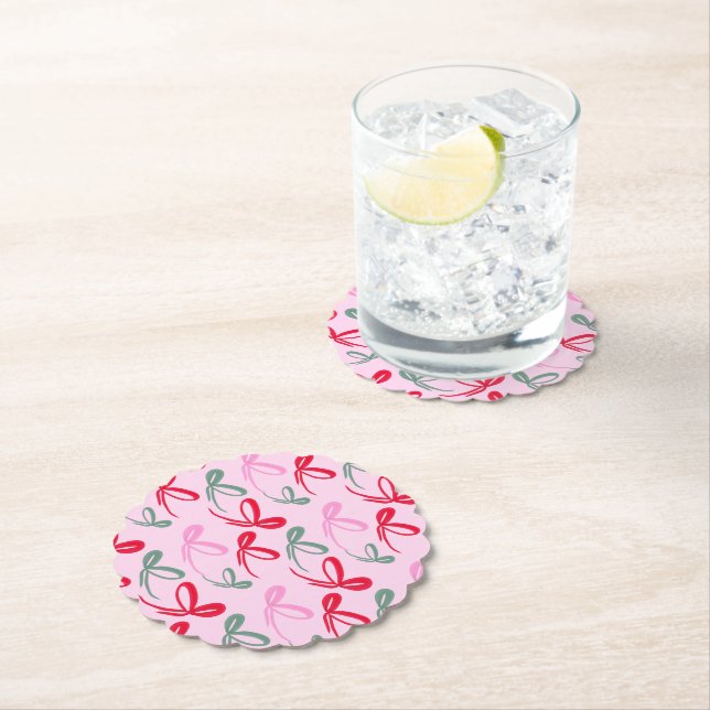 Christmas bows green pink whimiscal hand drawn paper coaster (Insitu)