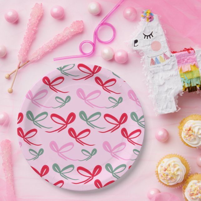 Christmas bows green pink whimiscal hand drawn paper plates (Party)