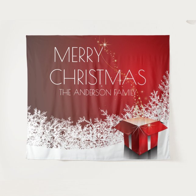 Christmas box surprise snowflakes red white banner tapestry (Front (Horizontal))