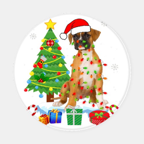 Christmas Boxer Dog Tree Light Santa Hat Xmas Gift Coaster Set